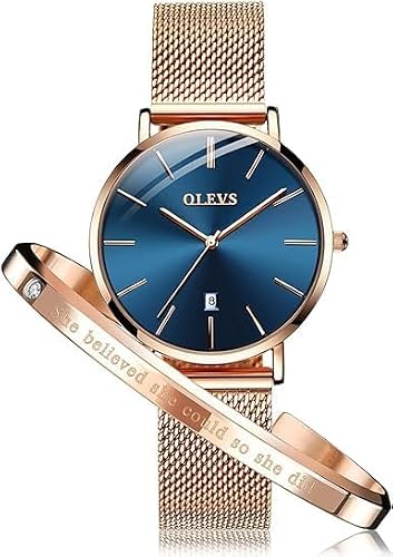 Image of OLEVS Women's Watch 6.5mm Ultra Thin Rose Gold Minimalist Dress Watch Bracelet Set Fashion Quartz Waterproof Ladies Wrist Watch