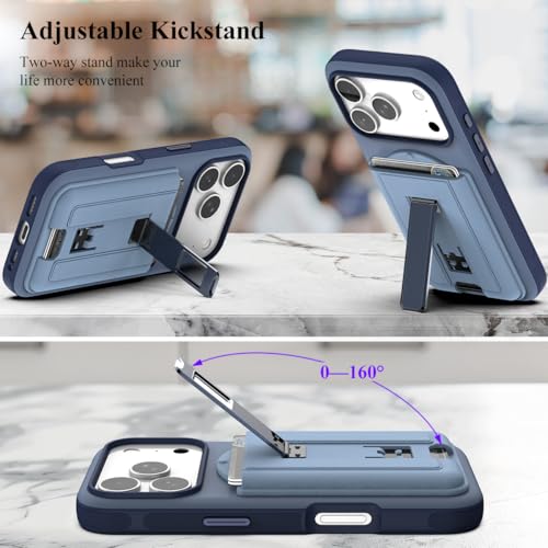Image of Nvollnoe for iPhone 17 Pro Case with Card Holder & Screen Protector, Compatible with Magsafe, Built-in Kickstand, Detachable Magnetic Wallet Case for iPhone 17 Pro(Blue)