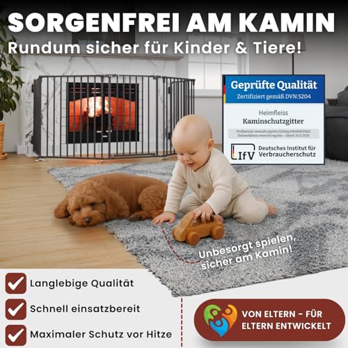 Heimfleiss® Kaminschutzgitter Baby mit Sicherheitsverschluss | Ofenschutzgitter für Kinder & Hunde | Ofengitter Kinderschutz aus Stahl | Universal nutzbar als Kamin-, Tür- & Treppenschutzgitter (Grau)