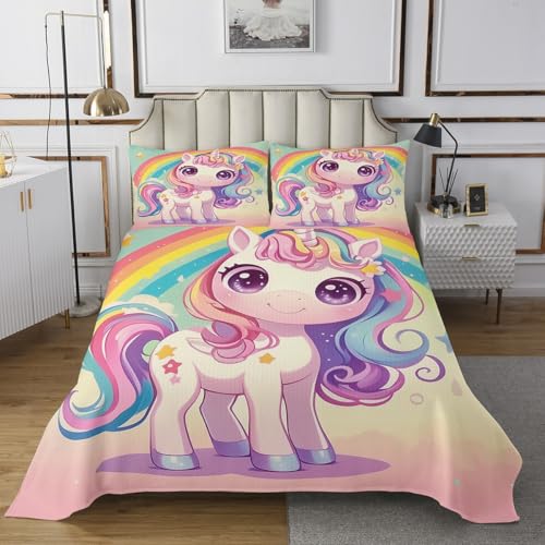 Manfei Cute Animals Bedspread Queen Size Bedding for Teens Living Room Cartoon Unicorn Decor Coverlet Set Rainbow Cloud Starry Sky Quilt Set for All Season,3 Pcs with 2 Pillowcases