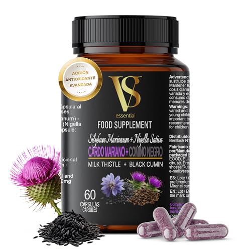 Cardo Mariano en Cápsulas con Comino Negro – Detox Hígado y Limpieza Hepática, Apoya Higado Graso y Pérdida de Peso, Milk Thistle, Vitaminas Naturales, Potente Diurético – VS essentials (60 cáps.)