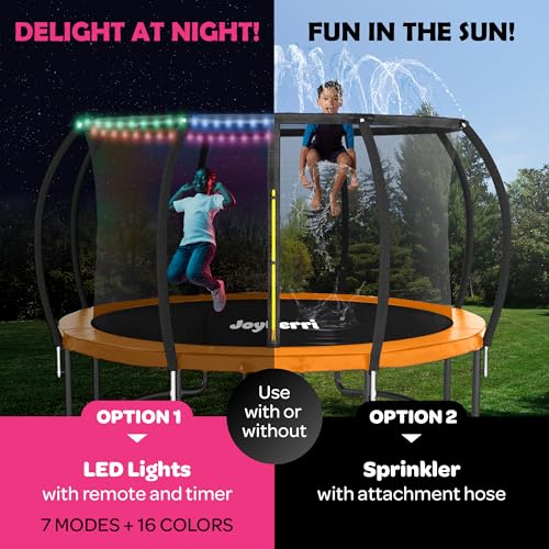 Image of JoyBerri Upsurge Trampoline Outdoor - ASTM Certified Safe 8Ft 10Ft 12Ft 14Ft 15Ft 16Ft Recreational Trampoline for Kids and Adults. Anti-Rust Coating with Enclosure Net, Ladder, Sprinkler & LED Lights