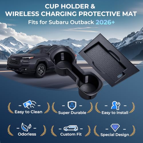 Image of Cup Holder Insert & Wireless Charging Protective Mats for Subaru Outback 2026, Center Console Interior Accessories Silicone Cup Holder & Wireless Charger Cover Pad for 2026 Outback, Black