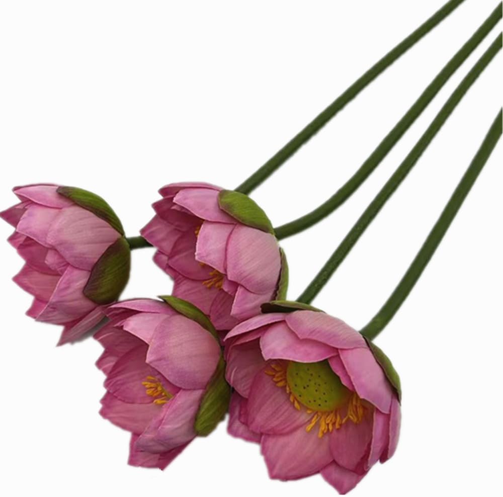 4X Artificial Lotus Flower Stem Faux Water Lily Blossom Branch for Shop Window Office Hotel Floral Decoration (Pink)