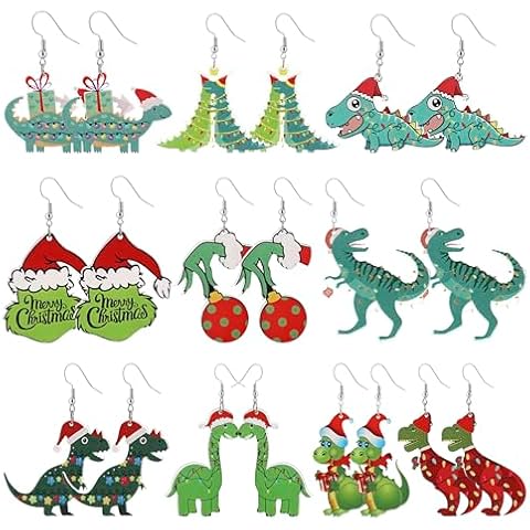 Taouzi 10 Pairs Christmas Earrings Bulk Cute Dinosaur Christmas Acrylic Earrings Holiday Dangle Earrings Christmas Jewelry Gifts for Women Cover