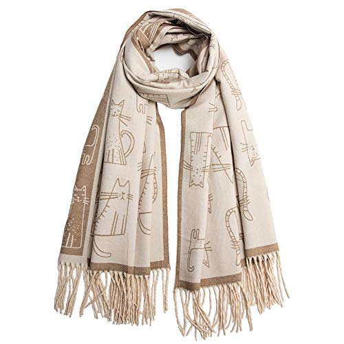 Women's Fringed Scarf Cat Print Pattern Cape Winter Cashmere Feel Shawl Warm Wrap2