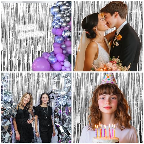 Image of 4 Packs Silver Foil Fringe Curtain, Silver Metallic Tinsel Backdrop for Birthday, Wedding, Baby Shower, Engagement, Bachelorette Party, Christmas Holiday Celebration Party Decorations Supplies