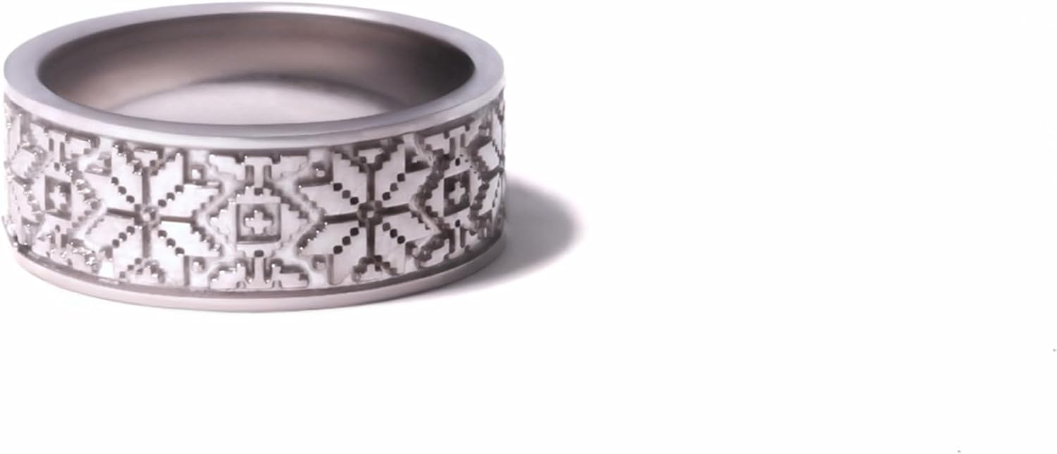 White Gold Ukrainian Vyshyvanka Ring, Wide Band Ethnic Ornament Ring 7mm, Traditional Embroidery Pattern Wedding Band, Unisex Gold Ring