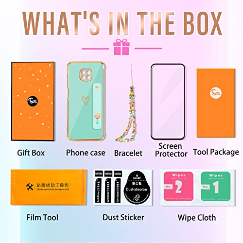 Likiyami (3In1 For Motorola Moto G Power 2021 Case Heart Women Girls Girly Cute Luxury Pretty With Stand Phone Cases Mint Green And Gold Love Hearts Aesthetic Cover+Screen+Chain For G Power 2021 6.6" #TOP6