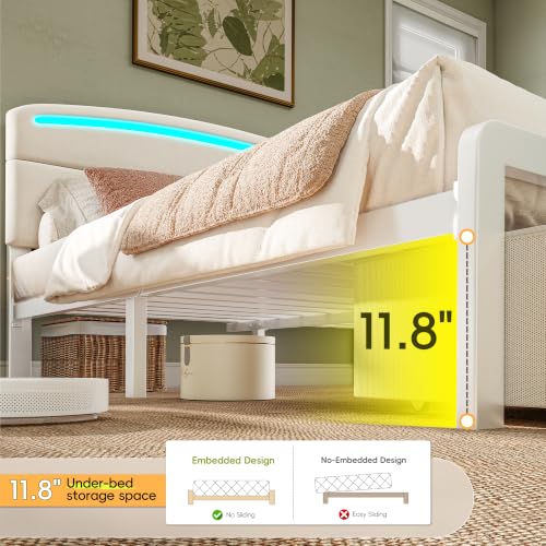 Homkdom Full Size Bed Frame with Upholstered Headboard, USB-C & LED, Beige - image 7