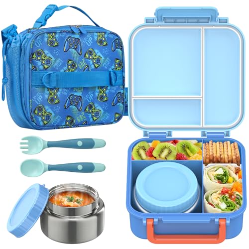 JOOPETALK Bento Lunch Box Set for Kids with 9oz Soup Thermo, Insulated Lunch Bag,Leak-proof BPA-free Lunch Food Container with 3-4 Conpartments for School Travel-Blue