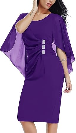 LALAGEN Womens Chiffon Plus Size Ruffle Flattering Cape Sleeve Bodycon Party Pencil Dress Purple L