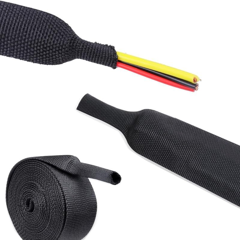 2:1 Ratio Automotive Heat Shrink Braided Sleeve, Wire Loom, Wear-Resistant Fabric Flat Woven Shrinkable Tubing Wires Hoses Protection (1/4"-50ft)