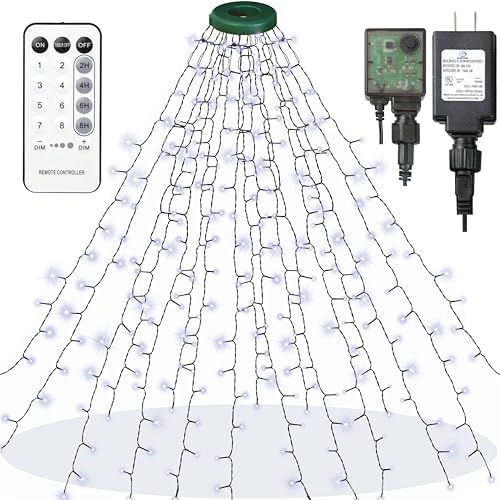 Christmas Tree Lights, 448 LED Waterfall Tree Topper Lights with 8 Lighting Modes, 8.2ft×16 Lines Plug in Twinkle Lights with Remote Control for Indoor Outdoor Christmas Tree Decoration (White)