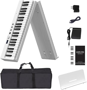 Electronic Piano, Foldable 88 Keys, Portable 2.2cm Standard Piano Keyboard for Beginners, Lightweight, Practice, Music Stand, Earphones, Speaker, External Sheet White