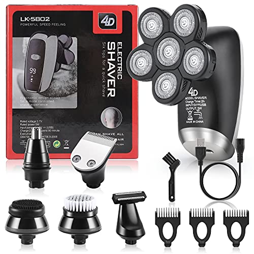 Electric Razor Head Shaver Men: - USB Rechargeable Rotary Bald Head Shaver, 6 in 1 Multifonction Cordless Waterproof Hair Clipper Beard Nose Ear Face Trimmer, Shaving Grooming Kit Black - Thumbnail 7