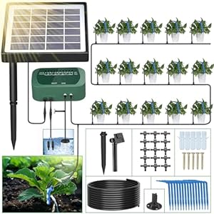 SoulBay Solar Automatic Drip Irrigation Kit, Solar Powered Auto Plants Watering System with 12-Modes Timer Device for Indoor Outdoor Garden Lawn, 2200mA Battery, 50ft Tube, Waters up to 15 Plants