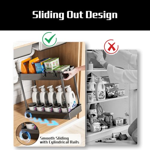 2 Pack Under Sink Organizer, 2 Tier Bathroom Cabinet Organizers and Storage with Hook, Multi-purpose Storage Basket Shelf for Kitchen, Black - Image 4