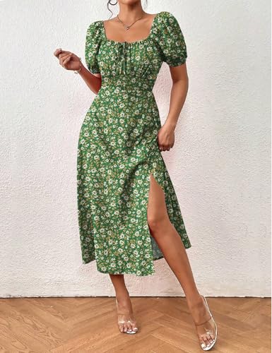 Image of SPRIME Women's Floral Summer Casual Dress Square Neck Puff Sleeve Boho Midi Dresses Ruched Bust High Waist Split Long Dress