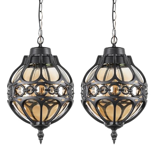 Globe Outdoor Pendant Lights for Porch Patio Garage, Matte Black Aluminum Anti-Rust Hanging Light Fixture, Industrial Round Amber Glass Exterior Chandelier, Outside Pendant Lamp, 2 Pack