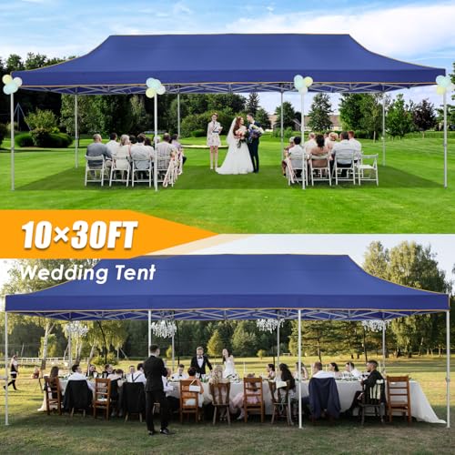 Image of HOTEEL 10x30 Heavy Duty Pop Up Canopy Tent for Parties Event Wedding Commercial Instant Canopy with Wheeled Bag, Party Tent Waterproof UV 50+&Windproof, Upgraded Thick Hexagonal Legs, Deep Blue