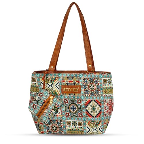 Image of Storite Women's Tote Bag with Leather Handles & Embroidery Printed Handbag with Zip Pockets, Shoulder Tote Bag and Handbag for Office and College