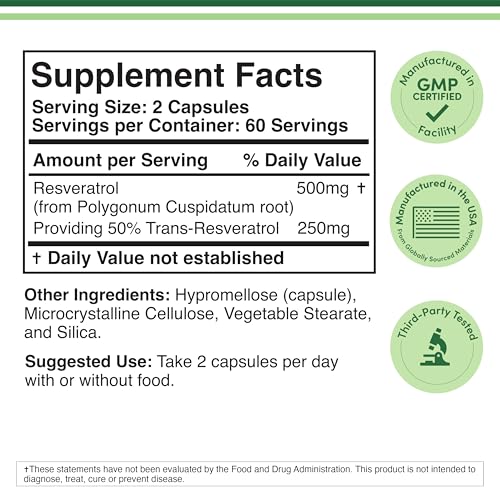 resveratrol supplement 500mg per serving 120 capsules resveratrol polygonum root extract providing 50 trans resveratrol healthy aging support by double wood
