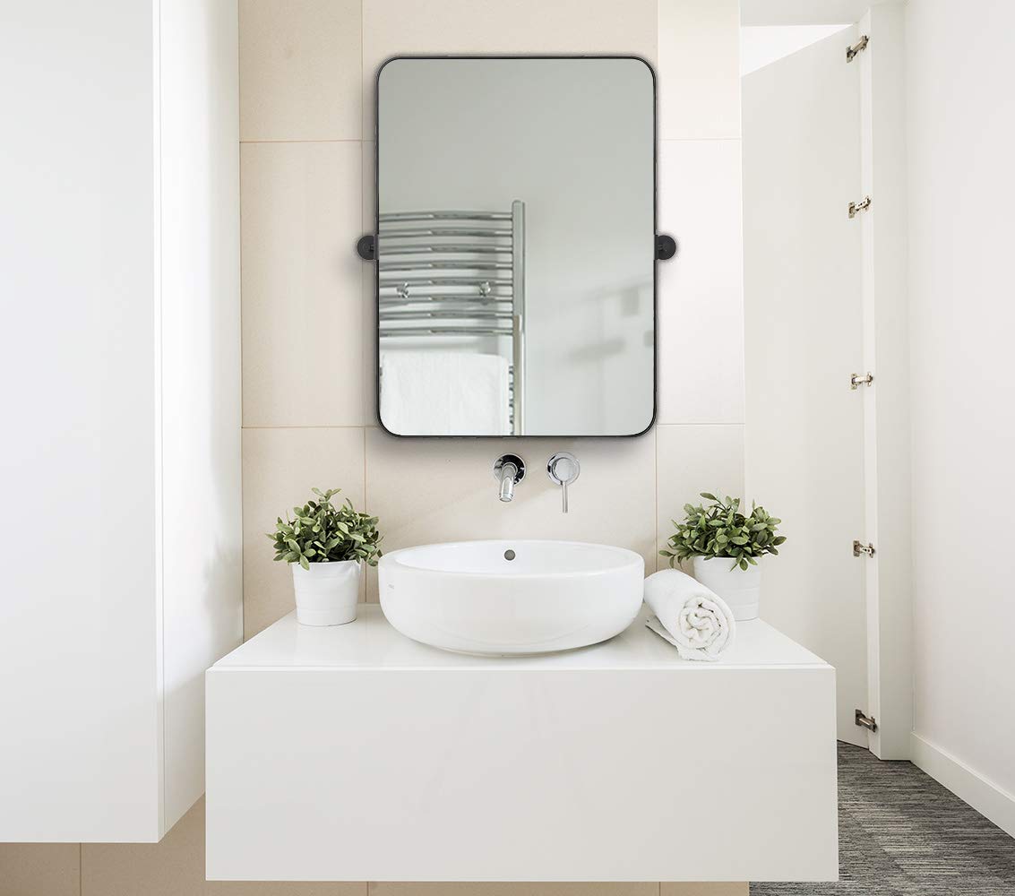 Hamilton Hills Black Metal Surrounded Round Pivot Mirror | Silver Backed Adjustable Moving & Tilting Wall Mirror Adjustable 22" x 30"