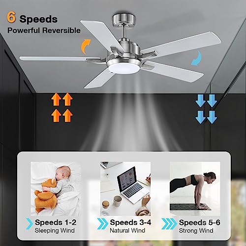 Cumilo 52 Inch Smart Outdoor Ceiling Fans Led Lights And Remote,Quiet Dc Motor,6 Speed,Dimmable,Indoor Modern Brushed Nickel Ceiling Fan Controlled By Wifi Alexa App,Gray Silver Wood Bedroom Patio Porch thumb #3