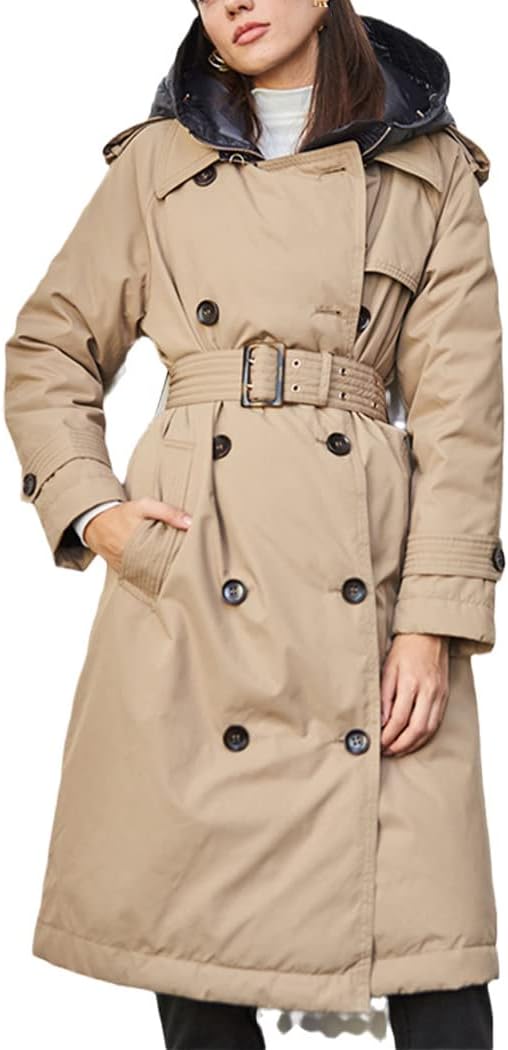 Winter Women British Down Trench White Duck Down Jacket Hooded Long Thick Warm Coat Puffer Feather Parka
