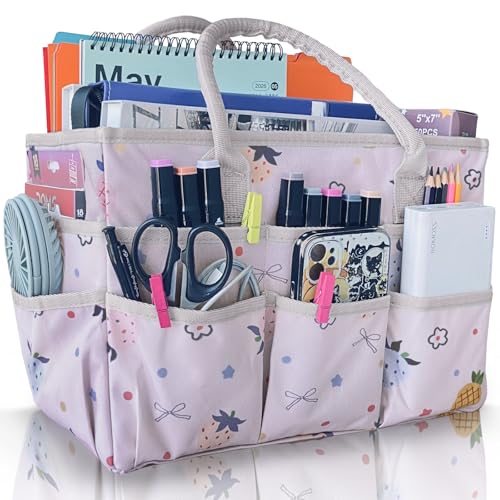 Image of Cupohus Art Organizer Craft Storage Tote Bag with Pockets and Handles, Oxford Fabric Carrying Caddy for Teacher, Officer, Artist, Traveler, and More-Pink Fruit