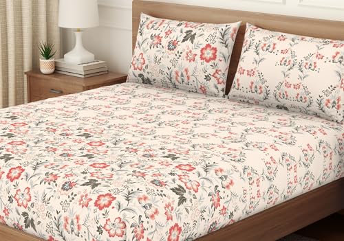 Image of Welspun ENZO Queen Size Fitted Bedsheet with 2 Pillow Covers | 360 Elastic | 100% Pure Cotton | 60 x 78 Inches | Soft, Breathable, Lightweight & Easy Care | Blush