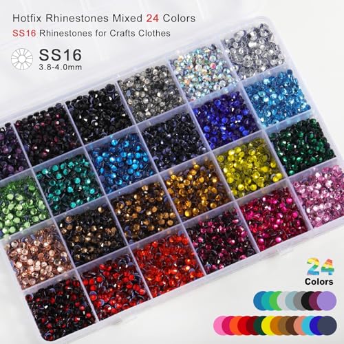 Image of BEADSLAND Hotfix Rhinestones Mixed 24 Colors,SS16 /7200pcs | Mat: glass,4mm,DIY,for crafts clothes,with tweezers,wax pencil and spoon