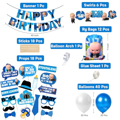 Image of Party Propz Baby Boss Theme Happy Birthday Decoration Kit -97 Pcs, Birthday Decoration Items with Return Gift Bags, Baby Boss Happy Birthday Banner, Boss Birthday Props for Boys & Girls (Cardstock)