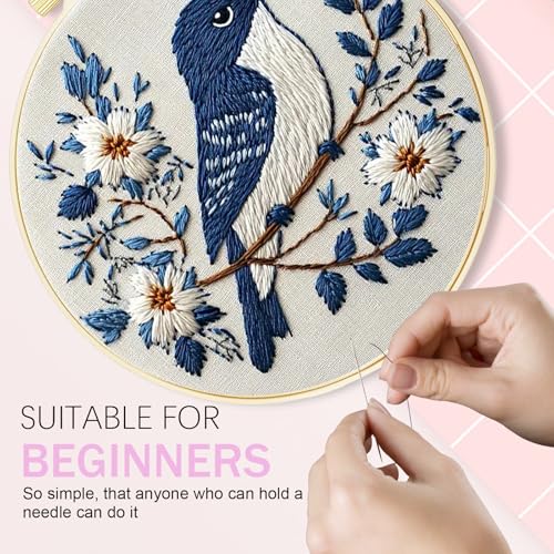 Image of Huacan Embroidery Kit for Beginners Adult, Include Embroidery Cloth Hoops Threads for Craft Lover Hand Stitch with Embroidery Skill Techniques