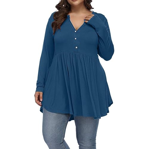 ALLEGRACE Women's Plus Size Henley V Neck Button Tunic Tops Long sleeve Swing Flowy Shirts