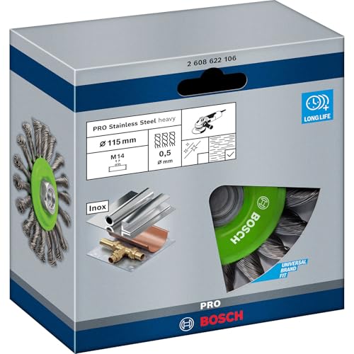 Bosch 1x PRO Stainless Steel Longlife Scheibenbürste, gezopfter Draht für kleine Winkelschleifer und M14-Gewinde (für Nichteisenmetalle, Stahl, Ø 115 mm, Professional Zubehör Kleiner Winkelschleifer)