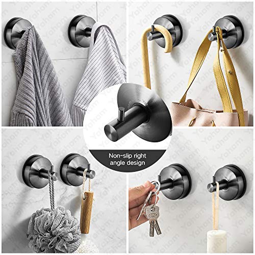 Image of YOHOM Suction Cup Hooks Shower Towel Holder Stainless Steel Vacuum Bathroom Shower Hook Suction Towel Rack Kitchen Organizer for Bathrobe Loofah Washcloth Brushed Black 4 Pcs