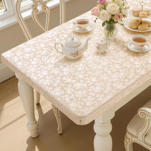 Image of Smiry Heavy Duty Vinyl Fitted Tablecloths for 6 Foot Rectangle Tables | Elastic Waterproof Fitted Tablecloths, Wipeable Washable Table Cover for Kitchen, Dining, Camping (Beige, 42 inch x 72 inch)
