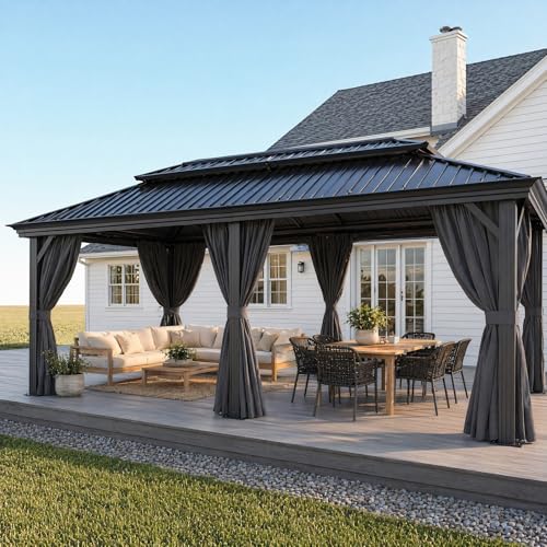 Image of HOTEEL 12x20 Gazebo on Clearance with Metal Roof, Heavy Duty Hardtop Gazebo with Flame-Retardant Curtain & Netting, Outdoor Hard Top Gazebos with Galvanized Steel Double Roof for Backyarad,Patio Black