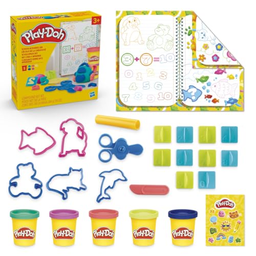 Play-Doh Set creat y aprende, Incluye Mantel, Adhesivos, 5 cortadores de Animales, 10 Sellos, 3 Herramientas y 5 latas de Masa moldeable, para niños...