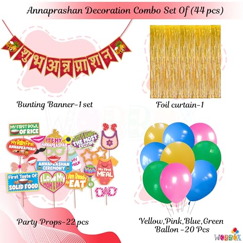 Image of WOBBOX Annaprashan Party Props with Hindi Font Red & Golden Color Font Bunting Banner & Balloon & Foil Fringe, Annaprashan Decoration Item (44 Pcs Combo)