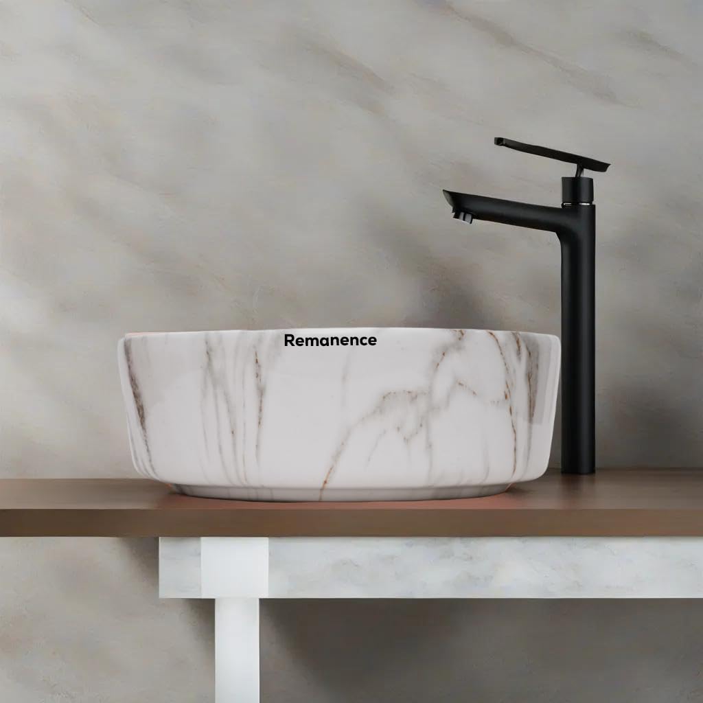 REMANENCE Round Countertop Wash Basin | Designer Table Top Bathroom Basin Sink | Vessel Sink Wash Basin Over Counter for Bathroom, Hotel, Home Living Room (12.5 x 12.5 x 5 Inch) (Marble White) 1