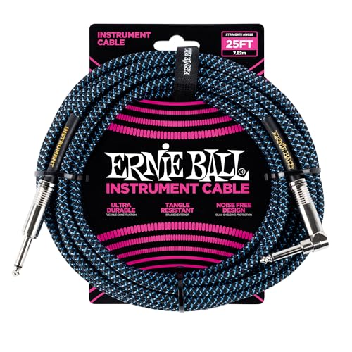 Image of Ernie Ball Braided Instrument Cable, Straight /Angle, 25ft, Blue /Black (P06060)