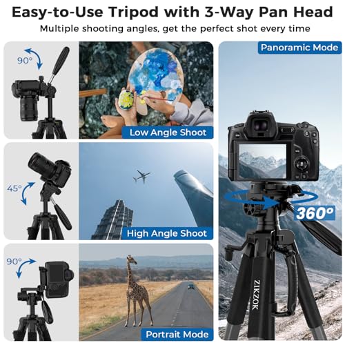 75" Camera Tripod, Heavy Duty Aluminum Camera Stand for ipad Phone, Travel Tripod with Remote/Carry Bag/Phone Tablet Holder, Compatible with DSLR, Spotting Scopes, Max Load 15 Lb(Grey)