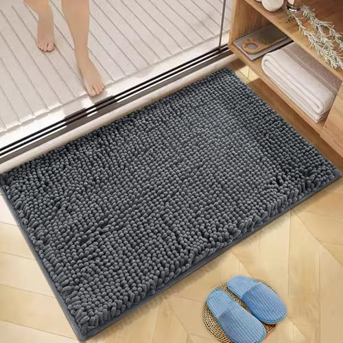 KepVenKia Chenille Bathroom Rug Quick Dry and Soft Bath Mat Machine Washable Complex Latex Backing Bathroom Mats For Bathroom Floor Tubshower room 24x16 inch Dark Grey
