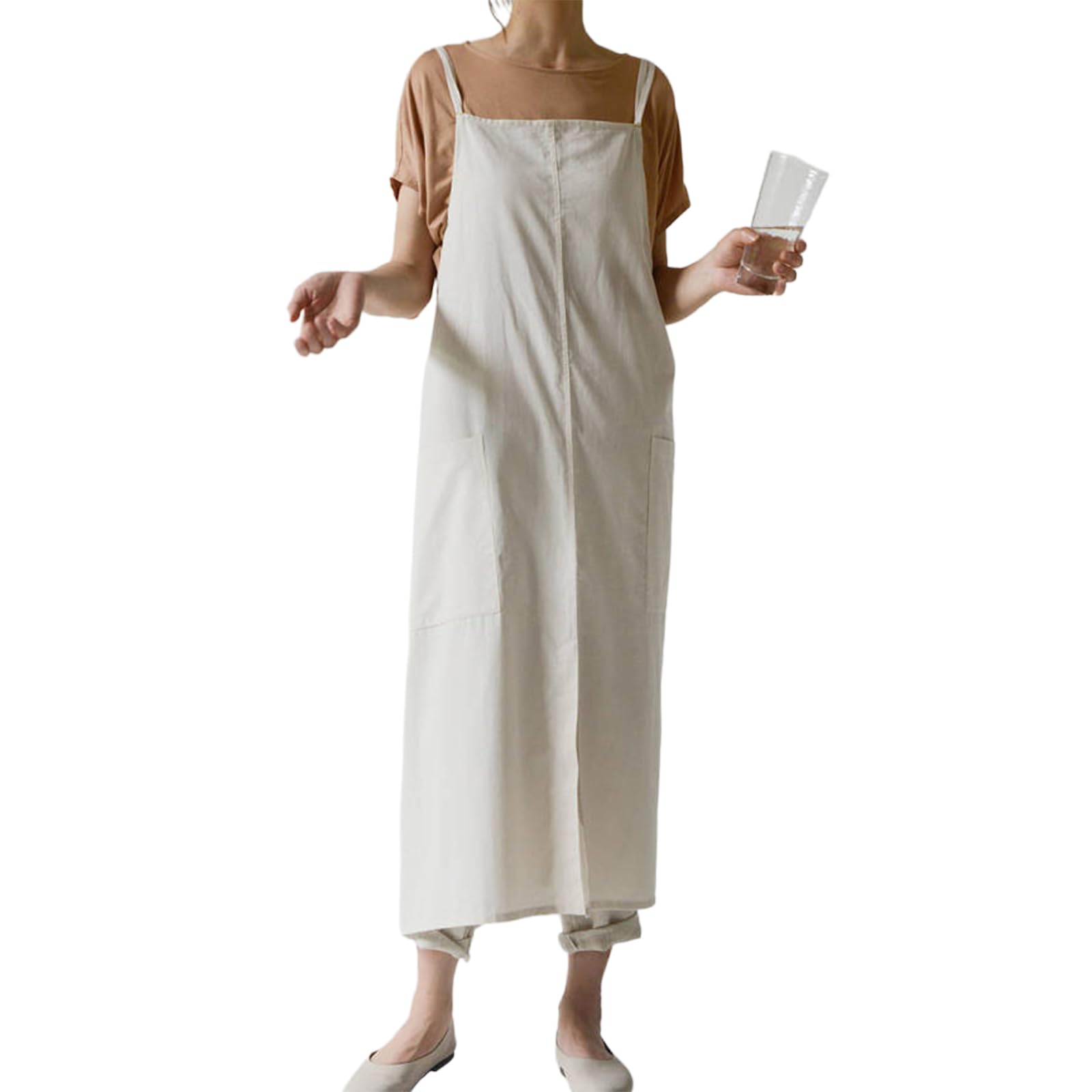 Imperméable Tablier Jambe Fendue Tablier Japonais Femme en Coton avec 2 Poches pour Cuisine Menage Chef Peinture Artiste Fleuriste White,One Size