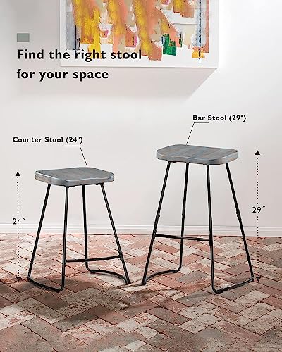 Jubiloom Wood Bar Stools Set Of 2, 24 Inch Counter Height Stools, Saddle Kitchen Bar Stools For Kitchen Island, Industrial, Backless, Rustic, Green Wood Seat, Black Metal, 624Pgr #TOP6