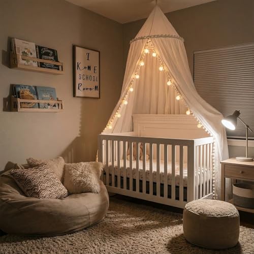 Image of LOAOL Bed Canopy with Pom Pom Cotton Canopy for Kids Crib Baby Girl Netting Cover Canopy Crib Curtain Reading Nook Hanging Tent Nursery Play Game Castle Room Decoration (White)
