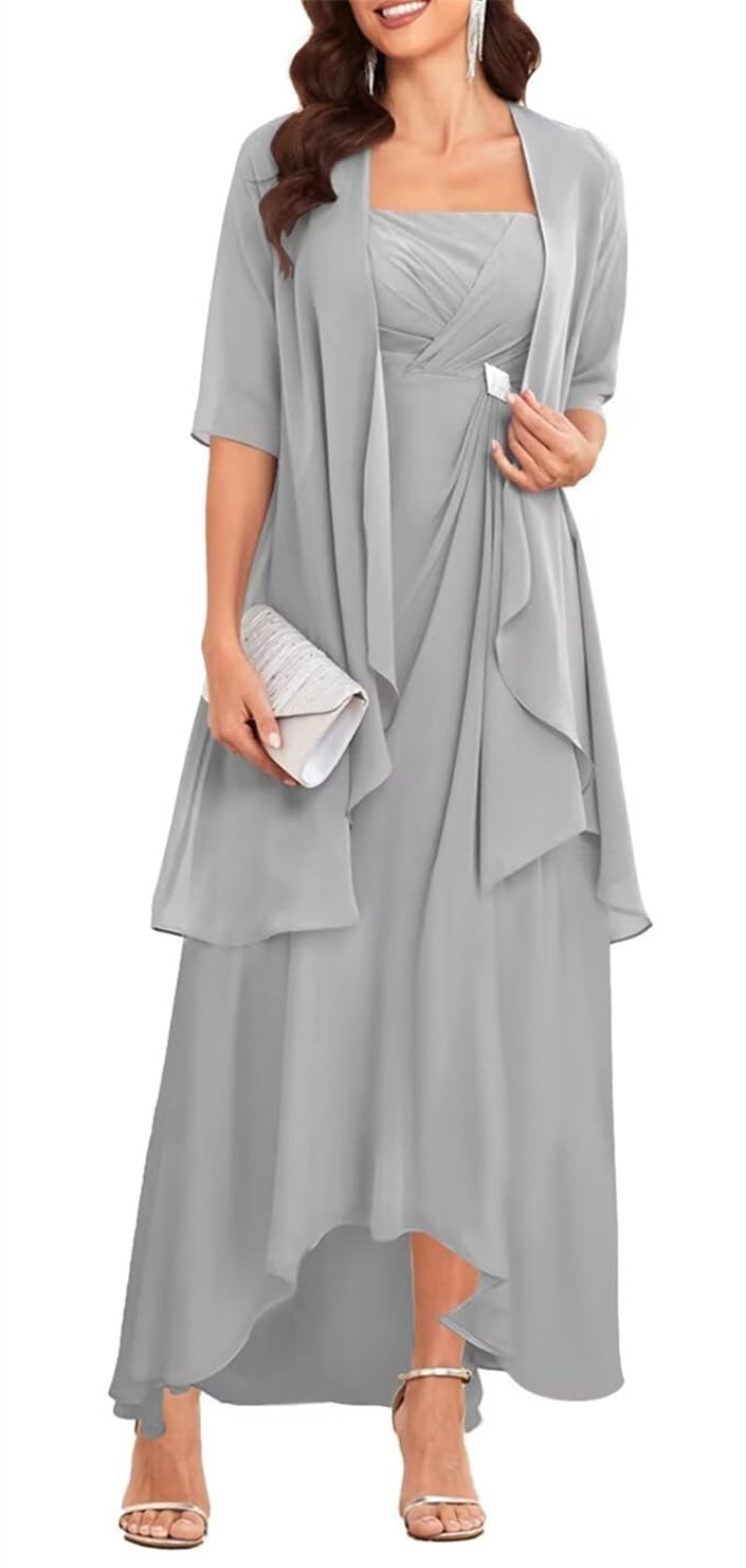 Yiann Women's Silver Mother Of The Groom Dresses For Wedding 1/2 Sleeve Chiffon Evening Party Gown Uk12